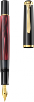 Stilou Classic M200 Editie Speciala Red Marbled, penita M din otel inoxidabil, penita si accesorii placate cu aur, corp negru-rosu marmorat, Pelikan